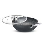 Prestige 4.23L Durastone Hard anodised Non-Stick kadai(28cm) with Glass lid|6 Layers Extra Durable Stone Finish|No Harmful Chemicals|Gas & Induction Compatible|SS Stay Cool Handles|2 Years Warranty