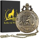 Keller & Weber Vintage Wolf Pocket Watches for Men, FOB Pocket Watch with Chain, Wolf Gifts for Men, Valentines Gifts, Birthday Gifts, Necklace Gifts for Women, Gift Box and Card, Bronze