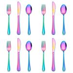 E-far 12-Piece Rainbow Kids Silverware, Stainless Steel Toddler Kids Utensils Safe for Preschooler/Children, Includes 4 Forks 4 Spoons 4 Knife, Slimline Look & Small Size, Rust Free