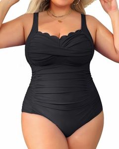 Aqua Eve Women Plus Size Swimsuits One Piece Tummy Control Bathing Suits Retro Scalloped Twist Front Swimwear, Black, 20 Plus