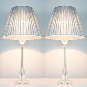 Pair of New Deco Modern Designer Bedside Table Lamps with Silver Ribbon Shade Set of 2 (60)