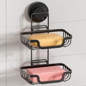 LEVERLOC 2 Tier Soap Holder, Soap Bar Dish for Shower Wall Mounted, Stainless Steel Suction Cup Sponge Holder for Bathroom Bathtub Kitchen Sink, Waterproof, Removable, Keep Dry, Black