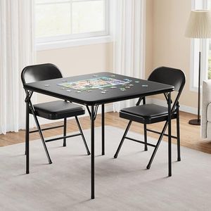 Folding Portable Card Table and Foldable Chair Set of 3, Pu Upholstered Foldable Chairs and Table With Metal Frame, Folding Table and Chair Suitable for Dining Room, Living Room, Office, Camping-Balck