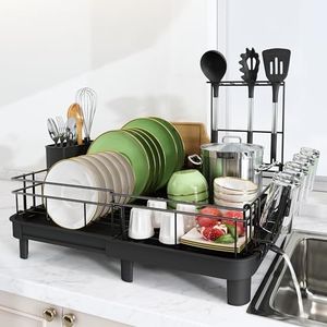 MAJALiS Extendable Dish Drying Rack - Dual Part Dish Racks with Drain Board, Adjustable Large Dish Drainer with Utensil Holder, Spatula Holder and Cutting Board Holder, (X-Large 12.8"-20.5" Black)