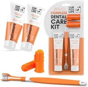 Dog Toothbrush with Toothpaste | Approved Dog Dental Kit | One Triple Headed Deep Cleaning Toothbrush for Dogs-Two 100% Natural Toothpaste(90g each)-Two Finger Brushes | Freshen Breathe & Remove Plaque