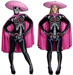 WOMEN'S DAY OF THE DEAD COSTUME - LADIES HALLOWEEN SUGAR SKELETON CATSUIT WITH PINK CAPE & SOMBRERO - SUGAR SKULL SKIN SUIT FANCY DRESS BY ILOVEFANCYDRESS® SKINSUIT SIZE L/XL (UK 12-16)