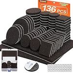 Furniture Pads 136 Pieces Pack Self Adhesive Felt Pads Brown Felt Furniture Pads Anti Scratch Floor Protectors for Chair Legs Feet with Case and 30 Rubber Bumpers for Hardwood Tile Wood Floor