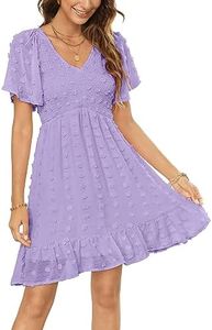 Zattcas Womens 2024 Summer Smocked Dress Short Flutter Sleeve V Neck Swiss Dot Babydoll Ruffle Tiered Mini Dress, Solid Lavender, X-Large