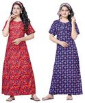 Keyocean Women's Cotton Printed Nighty Night Gown Maxi Free Size (Pack of 2) Red & Navy Blue