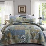 Yvooxny Quilt Set California King Bedspread Reversible Green Farmhouse Garden Coverlet Real Patchwork Quilt Set for All Seasons, Bohemian Floral Pattern, California King Size