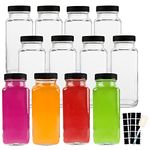 HINGWAH 8.5 OZ Glass Drink Bottles, Set of 12 Vintage Glass Water Bottles with Lids, Great for storing Juices, Milk, Beverages, Kombucha and More (Labels and Sponge Brush Included)