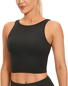 CRZ YOGA Womens Butterluxe High Neck Longline Sports Bra - U Back Padded Crop Workout Tank Top with Built in Bra Black Small