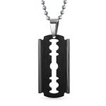 Personalize Hip Hop Biker Punk Rock Large Razor Blade Dog Tag Pendant Necklace for Men Black Stainless Steel 20 Inch Ball Chain Customizable