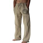 Litthing Mens Linen Trousers Cotton Jogging Bottoms Casual Summer Pants with Pockets Loose Fit Drawstring Trousers Comfortable Lightweight Pants Khaki