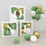 First Birthday Decorations For Boy Or Girl, 3 Pcs ONE Balloon Boxes For 1st Birthday and 30 Pcs Green Gold White Balloons, One Blocks for Boy Girl Baby Shower,Photo Shoot Prop,Table Centerpiece