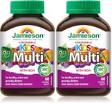 Jamieson Multivitamin Chewable for Kids, Orange, Grape, Cherry and Raspberry Flavours, Supports Growth and Development, Healthy Bones and Teeth. Prevents Iron Deficiency, Easy to Digest, Gluten-Free, Lactose-Free, No Artificial Colours or Flavours, 60 Count