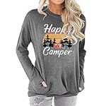 Fuyxxmer Womens Happy Camper Sweatshirt Vintage Mountain Graphic Tee Long Sleeve Pullover Blouses Top Shirts with Pockets Grey