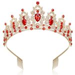 Makone Gold Queen Crown and Tiara Princess Crown with Combs for Women and Girls Red Crystal Rhinestone Headbands for Bridal Prom Wedding Birthday Party