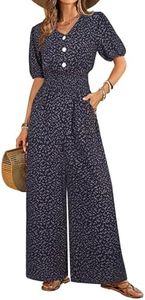 LOOKBOHO Women's Jumpsuits Short Sleeve Smocked High Waist Wide Leg Dressy Casual Rompers V Neck One Piece Outfits