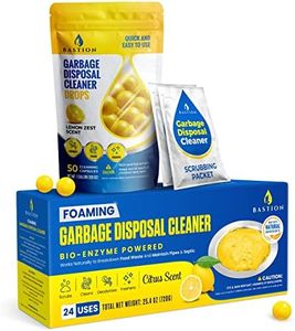 Garbage Disposal Cleaner & Deodorizer Bundle. 1 X 50 Count Pack of Bastion Disposer Balls + 1 X 24-Count Box of Enzyme Enhanced Deep-Cleaning Foaming Disposal Scrubbing Packets.