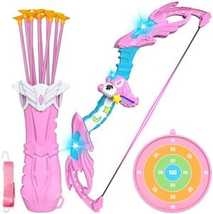 Unicorn Bow and Arrow Toy, LED Light Up Archery Toy Set with 10 Suction Cup Arrows, Dreamy Quiver and Princess Target, Indoor Outdoor Toys Birthday Gifts for 3 4 5 6 7 8 9 10 11 12 Girls