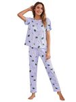 SMOWKLY Printed Round Neck Short Sleeve Nightsuit Set | Pajama Set | Night Dress for Women (1642_LPRL_M) Lilac