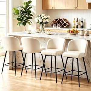 VATROS Counter Height Bar Stools Set of 4, 360° Swivel Upholstered Barstools with Backs and Metal Legs, 26" H Seat Height, Linen Fabric in Cream White