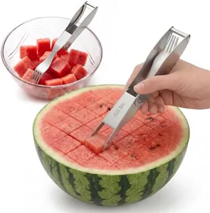 CripsTaste 2 Pack Watermelon Cutter with Retractable Fork, 2-in-1 Stainless Steel Fruit Cutter Watermelon Cutter Slicer Tool, Melon Slicer Cutter Tool for Home Party Camping Kitchen Gadget