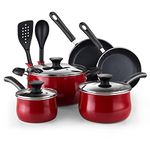 Cook N Home Pots and Pans Nonstick Cookware Set 10-Piece, Belly Shape Kitchen Cooking Set with Frying Pans and Saucepans, Induction Compatible, Marble Red