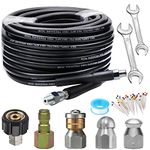WEST Bay Sewer Jetter Kit 50 FT for Pressure Washer, 5800PSI Drain Cleaner Hose 1/4 Inch NPT, Corner, Rotating & Button Nose Sewer Jetting Nozzle with Spanner Watertight Tape Pearl Corsage Pin