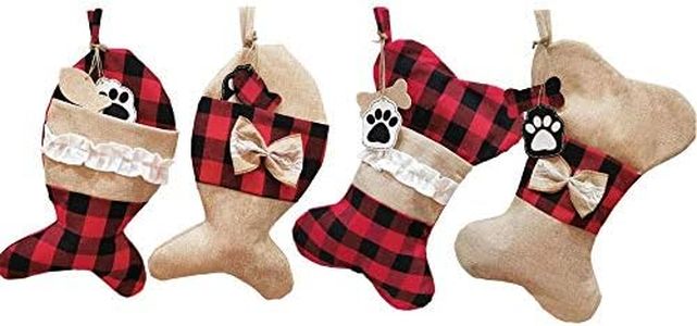YELAIVP Pet Christmas Stockings Set of 4 Burlap Plaid Stocking for Cat Dogs Holiday Hanging Socks for Fireplace Tree Christmas Decoration