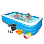 Jukusa 10 Feet Swimming Pool, Duck Family & Inflatable Beachball for Family Kids Adult 3 Stripped Inflatable Bath Tubs Swimming Bath Tub with Electric Pump 120x 72"x 22" Inch, 4 X Duck