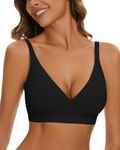 WOWENY Padded Non Wired Bras V Neck Bralette Seamless Invisible Comfy Soft Bustier Everyday Bra for Women[Black, L]