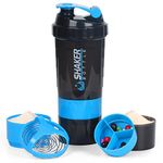 VECH Shaker Bottles for Protein Mixes Workout Shaker Leak Proof Water Bottle Non Slip 3 Layer Protein shaker Bottle with Pill Tray for Storage Protein Powder Shake Bottle 16oz Shake Cup (Blue)