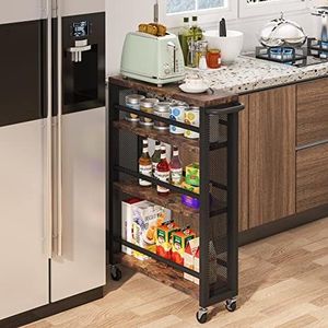 Tribesigns Slim Rolling Utility Carts with Wheels,4-Tier Narrow Kitchen Trolley Cart for Small Space,Wood Spice Storage Rack