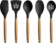WOODTULA 5-Piece Silicone Spatula Set with Wooden Handle Kitchen Utensils Spatula Set - Non-Stick Cookware - Slotted Spatula (Black)