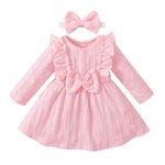 Hopscotch Baby Girls Polyester and Spandex Bow Applique Full-Sleeve Casual Knee-Length Dress with Headband in Pink Color for Ages 18-24 Months (BNF-4215564)