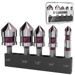 Countersink Drill Bit Set for Metal,M35 Cobalt Countersunk Bits 82 Degree 5 Flute 5 Pieces,1/4 Inch Hex Shank Countersunk Bit Set 1/4'' 3/8'' 1/2'' 5/8'' 3/4'' Set with Bit Holder