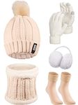 SATINIOR 5 Packs Winter Warm Hat and Gloves Set Knitted Scarf Beanie Pompom Hat Winter Ear Warmer Ski Earmuffs Stocking for Women (Beige, Khaki)