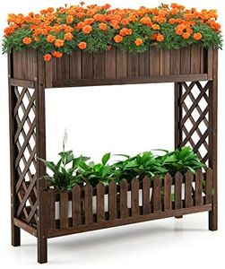 Costway 2 Tier Wooden Raised Garden Bed, Elevated Planter Bed w/Storage Shelf & Fence, Standing Plant Container Box w/Trellis, Outdoor Vegetable Growing Bed for Balcony, Garden, Yard, Patio