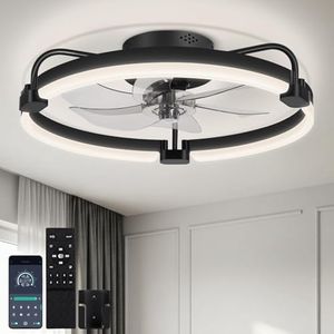 OUTON 50CM Ceiling Fan with Light, Low Profile Flush Mount Ceiling Fan with Remote & App Control, 3000K-6500K Stepless Dimming, 6 Speeds Quiet Modern Ceiling Light for Bedroom Living Room, Black