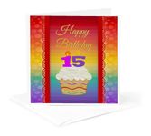 3dRose gc_244914_5 6 x 6-Inch"Cupcake with Number Candles 15 Years Old Birthday" - Greeting Card