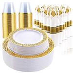350 Piece Dinnerware Set for Wedding & Party,50 Guest Lace Design Plastic Plates,50 Plastic Silverware,50 Cups,50 Linen Like Napkins,50 Guest Disposable Dinnerware Set (Gold)