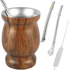 Yerba Mate Cup, Yerba Mate Tea Cup, 8oz Yerba Mate Gourd Set with Bombilla Mat Straw Brush Straw Spoon Flat Straw and Lid Insulated Yerba Mate Teacup Water Yerba Mate Kit for Mate Coffee(Grain)
