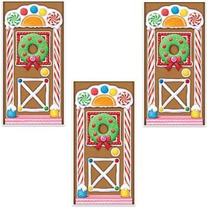 Beistle Plastic Indoor Outdoor Door Covers for Home Holiday Christmas Party Decorations, Gingerbread House - 3 Piece, Multicolor