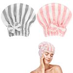 Unaone 2 Pack Microfiber Hair Drying Towels, Super Absorbent Turban Hair Towel Cap, Quick Dry Head wrap with Bow-Knot Shower Cap for for Curly, Long, Thick Hair & Wet Hair (Light Purple & Light Gray)…