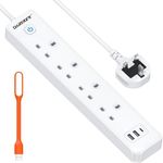 Extension Lead with USB Slots, 4 Way 3 USB Multi Plug Extension Socket with USB C, 3250W 13A 1.8M Extension Cable Cord Wall Mountable Overload Protection Power Strip with Switch, White