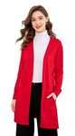 SMILING PINKER Women Light Weight Long Cardigan V Neck Long Sleeve Open Front Sweater with Pockets(Red,L)