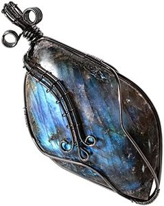 SUNYIK Natural Labradorite Pendant Necklace for Men Women, Irregular Handmade Wire Wrapped Crystal Necklace for Unisex