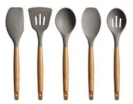 P-Plus International Silicone Spatula Set 5-Piece - 500ºF Heat-Resistant Baking Spoon Spatula - Seamless One-Piece Design Easy to Clean - Non-Stick Silicone Stainless Steel Core (Wooden 5A)